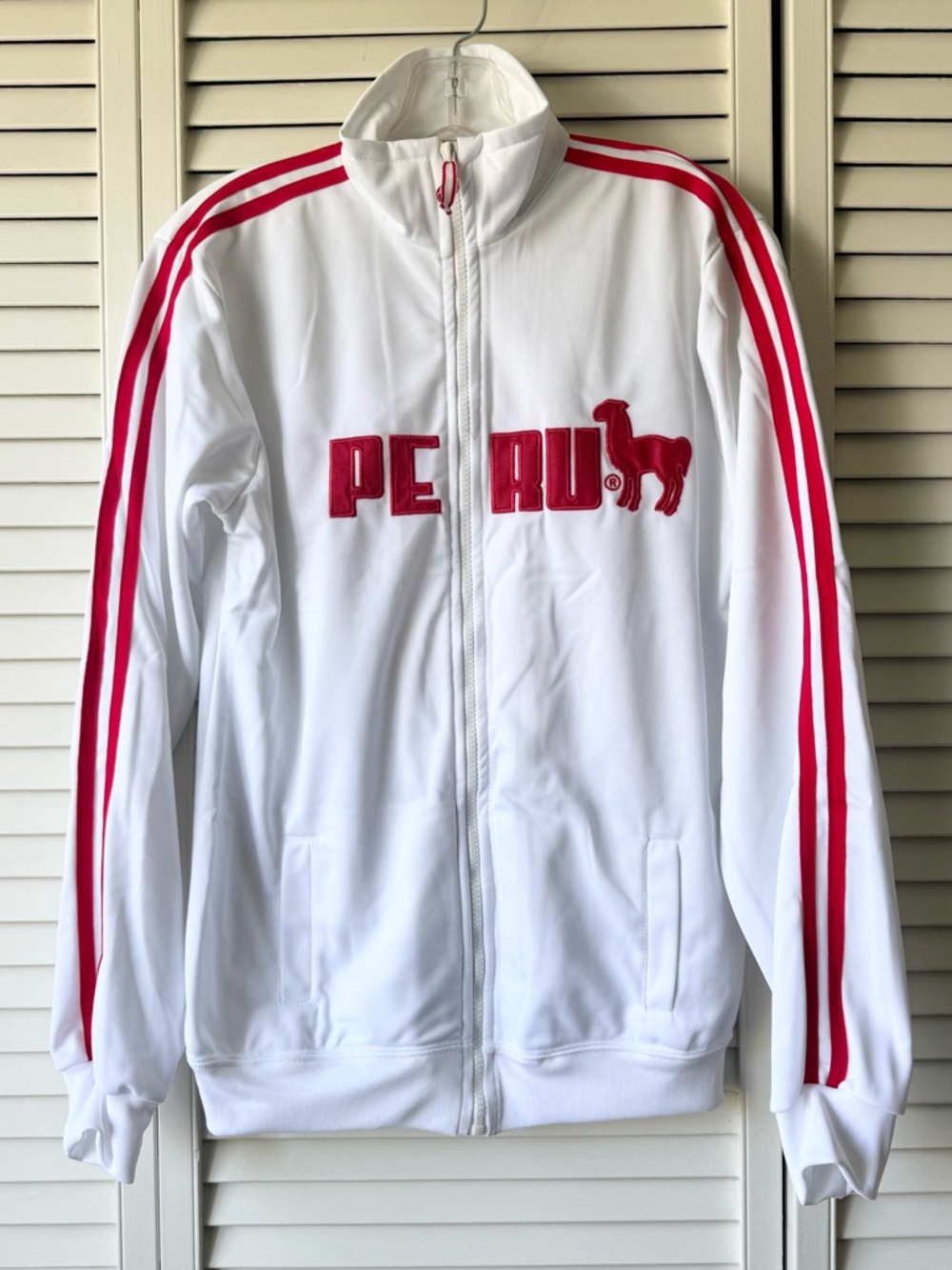 PERU White Zip Track Jacket with Red Embroidered Llama Graphic - NWT - Size L